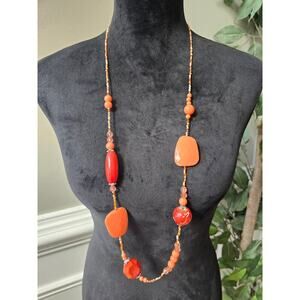 Women's Long Beaded Necklace With Chunky Orange Red Acrylic and Glass Beads